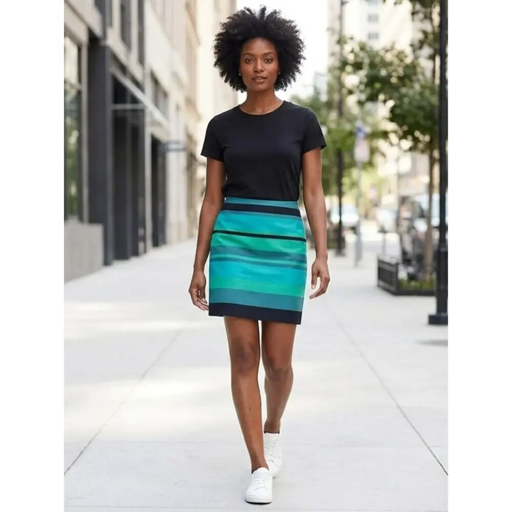 Loft Teal Mini Striped Lined Skirt Women Size 8